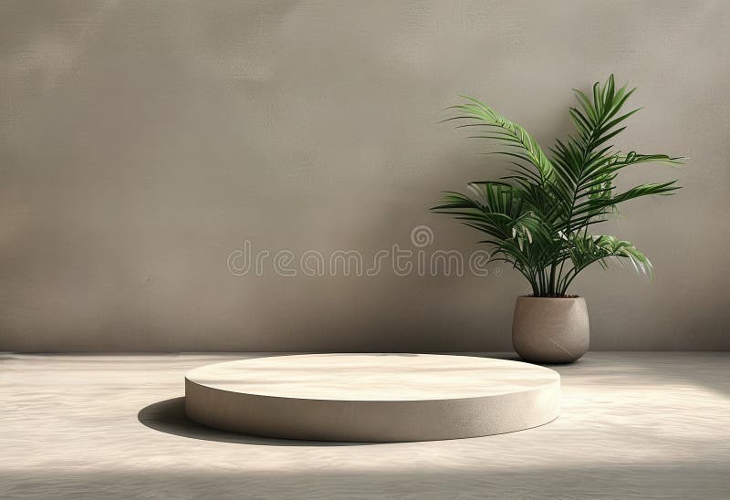 Minimal empty podium on flat surface featuring soft shadows from potted plants. royalty free illustration