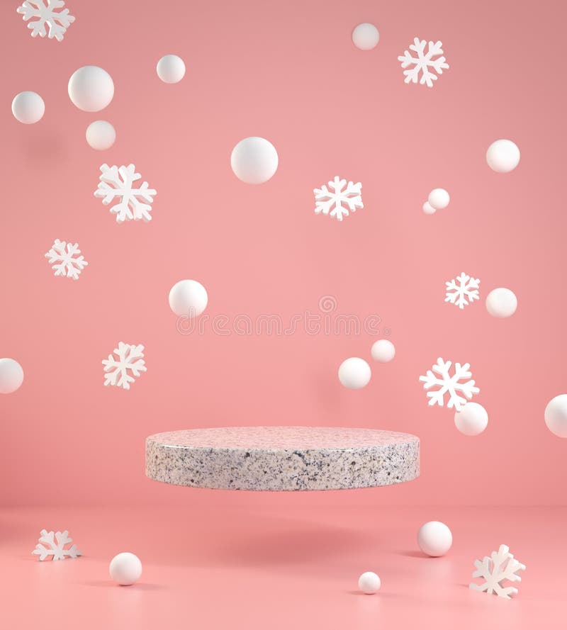 Minimal Empty Podium Float With Snow And Snowflake Pink Falling On Pink Background 3d Render stock illustration