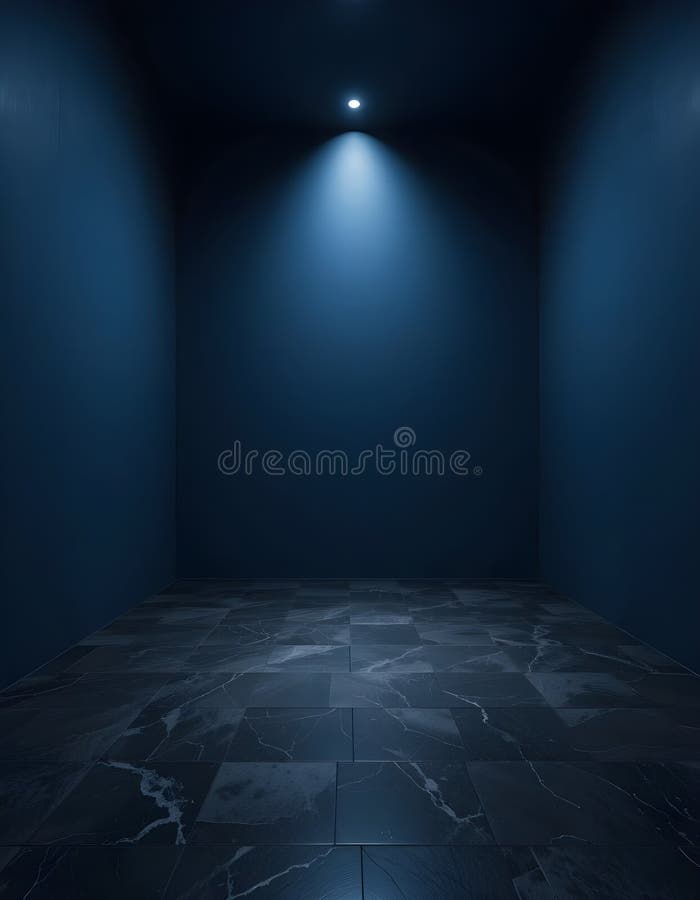 Minimal empty room with deep navy blue walls and matte black stone flooring under dramatic ceiling spotlight royalty free illustration