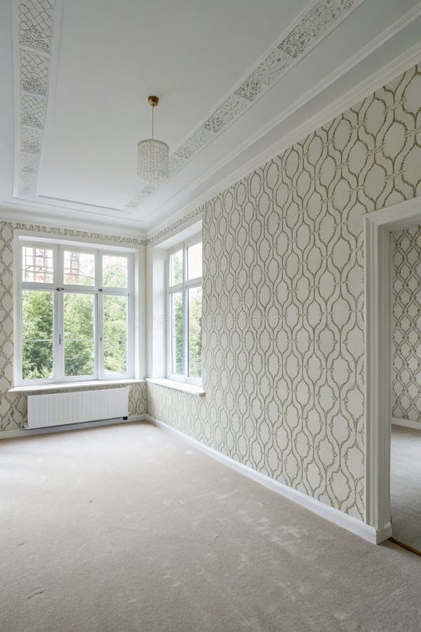Minimal empty room with white patterned wall stock illustration