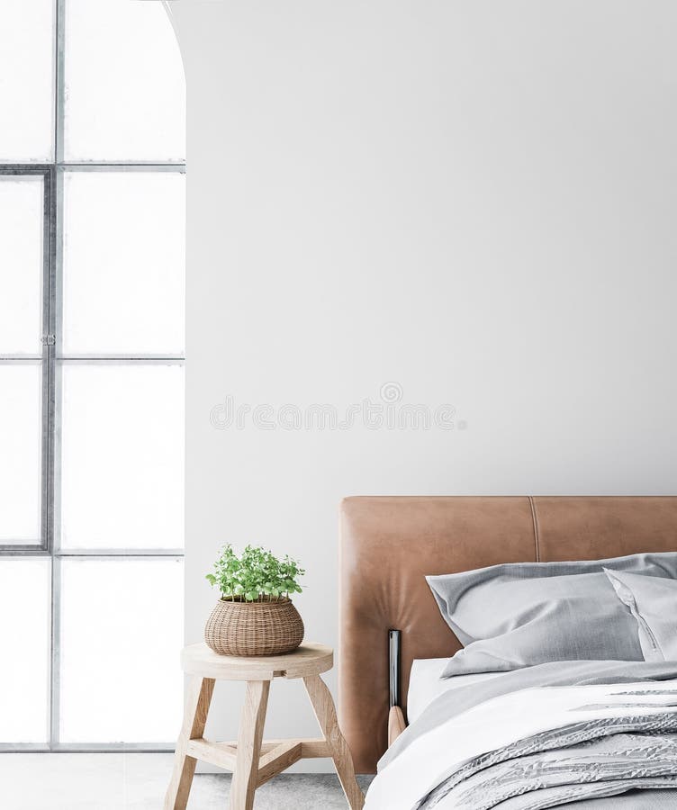 Minimal farmhouse bedroom design, interior wall mockup