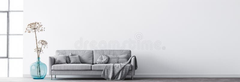 Minimal interior living room design, modern grey sofa with cushions plaid on empty white background with big window and blue vase.