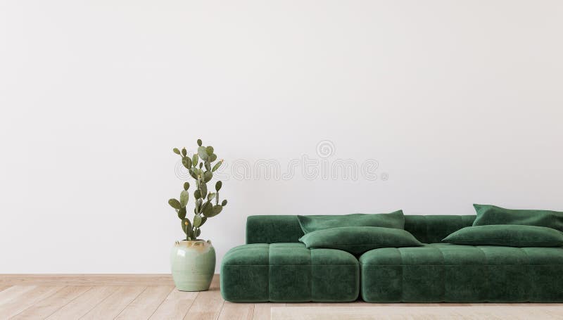 Minimal living room design, green sofa in empty modern background, panorama