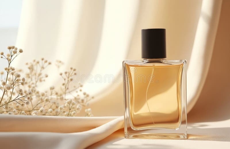 Minimal mock of elegant perfume bottle, stylish parfumerie banner. Beige color flower near transparent flask. Aroma fragrance royalty free stock photo