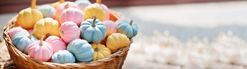 Minimal pastel dziękczynienie dynie w basket tło banner. wiele modnych nowoczesnych dyń pastelowych na stole. jesień royalty ilustracja