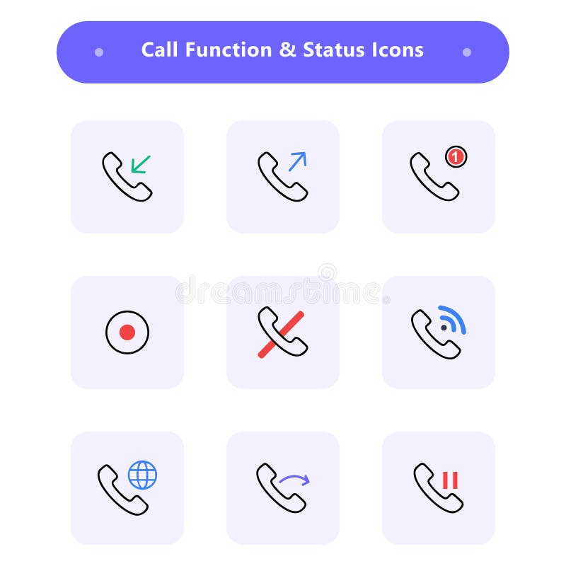 Vector set of nine minimal line icons for call functions including incoming, outgoing, missed, recording, mute, wifi, international, transfer, and hold status symbols on soft purple backgrounds. Outgoing call vectors
