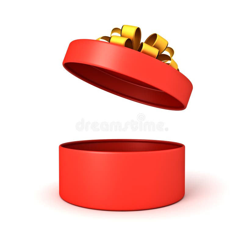Minimal red round present box open with gold ribbon and bow or opening blank cylinder red gift box isolated over white background royalty free illustration