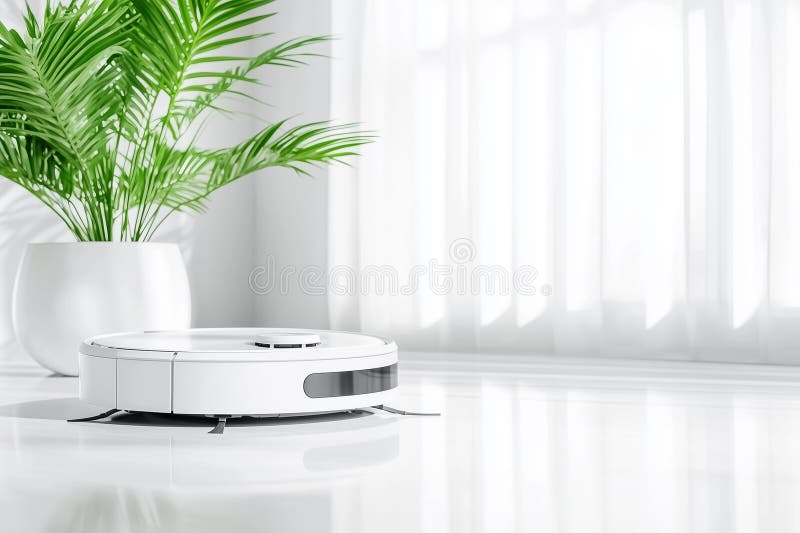 A minimal robot vacuum outline sits on a clean, smooth floor during midday, illuminated by soft light streaming through stock image