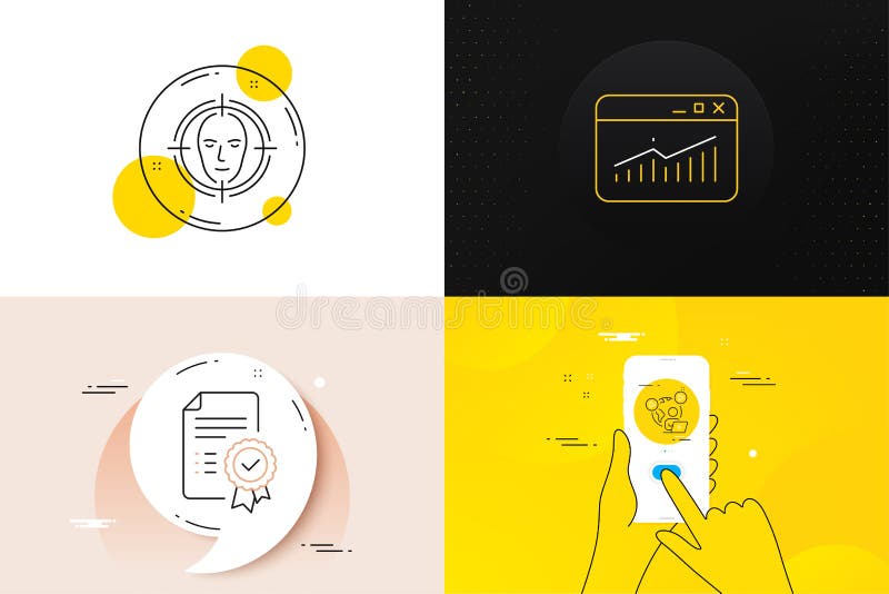 Minimal set of Certificate, Video conference and Face detect line icons. For web development. Vector stock illustration