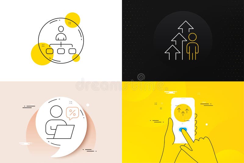 Minimal set of Online discounts, Employee result and Swipe up line icons. For web development. Vector stock illustration