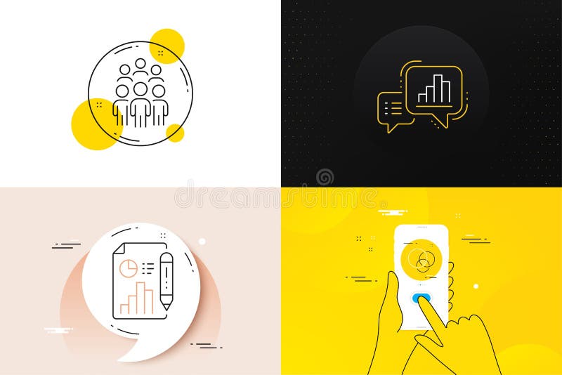 Minimal set of Report document, Graph chart and Group people line icons. For web development. Vector stock illustration