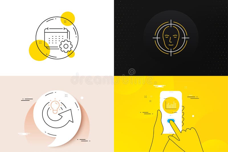 Minimal set of Share idea, Bar diagram and Face detect line icons. For web development. Vector stock illustration