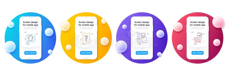 Minimal set of Unknown file, T-shirt and Cyber attack line icons for web development. For design. Vector. Phone ui interface mockup with balls. Shield icons. Doc with question mark, Laundry shirt, Card hacking.
