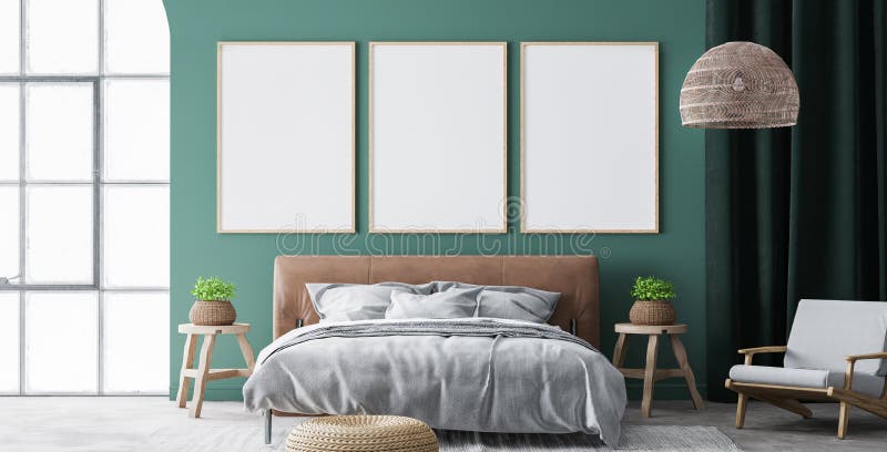Minimal utformning av sovrummets invändiga rammockup med brunt läderbädd på grön vägg royaltyfri illustrationer