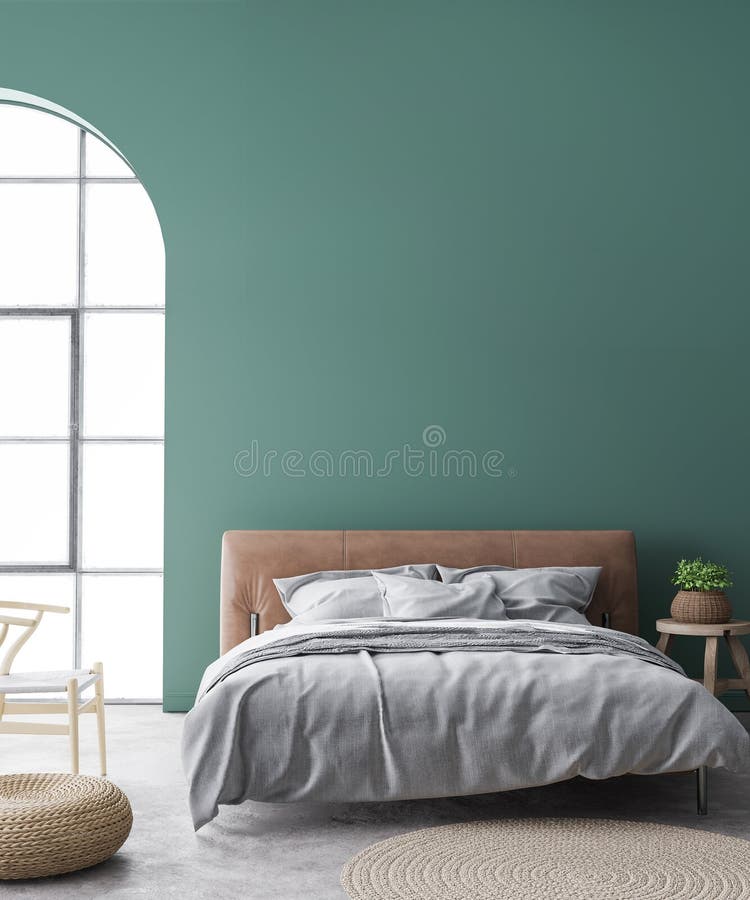 Minimal utformning av sovrummets invändiga vägg med brunt läderbädd på grön vägg stock illustrationer