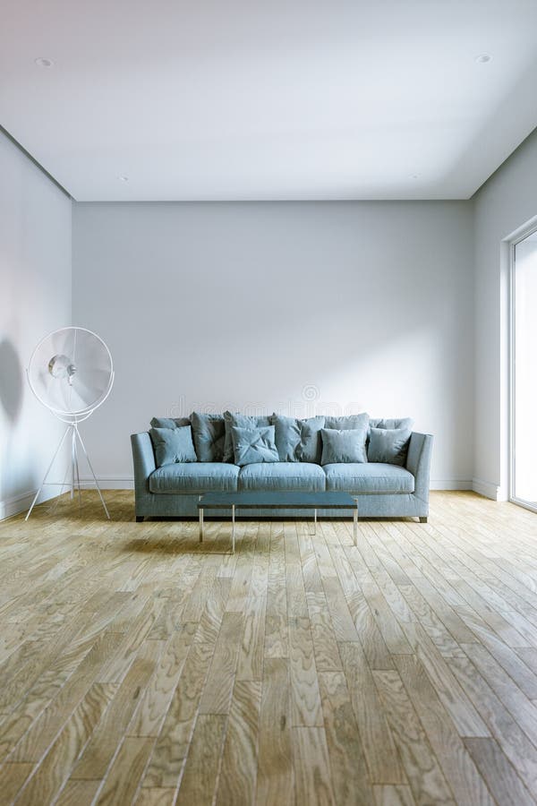 Minimal weißes Wohnzimmer mit Sofa und Stehlampe stock abbildung