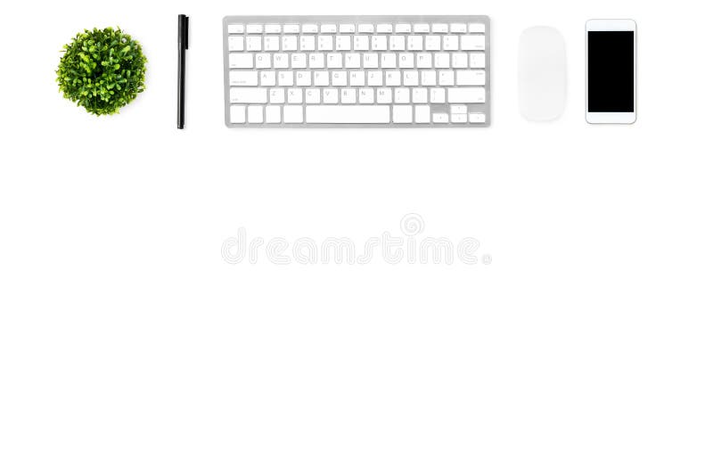 Minimal white office desk with computer keyboard gadgets, smartphone and supplies. Top view with copy space, flat lay stock photography