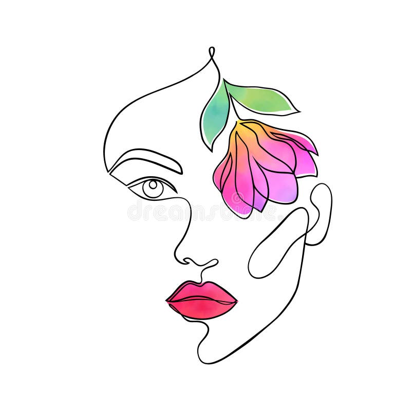 Minimal Woman Face with Watercolor Flower Stock Vector - Illustration ...