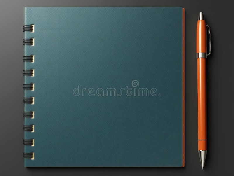 Minimal work space blue sketchbook and orange pencil close up on background