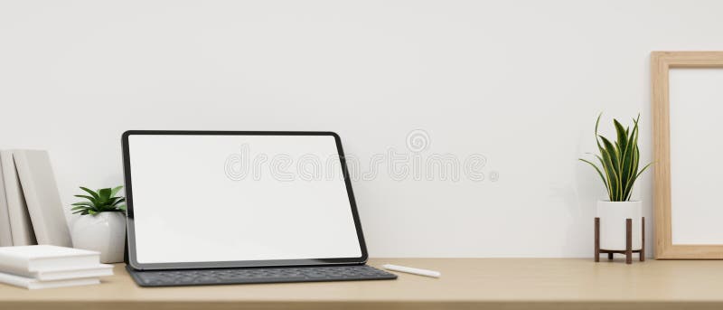 Minimal workspace tabletop with tablet mockup and decor plant over white wall. close-up image vector illustration