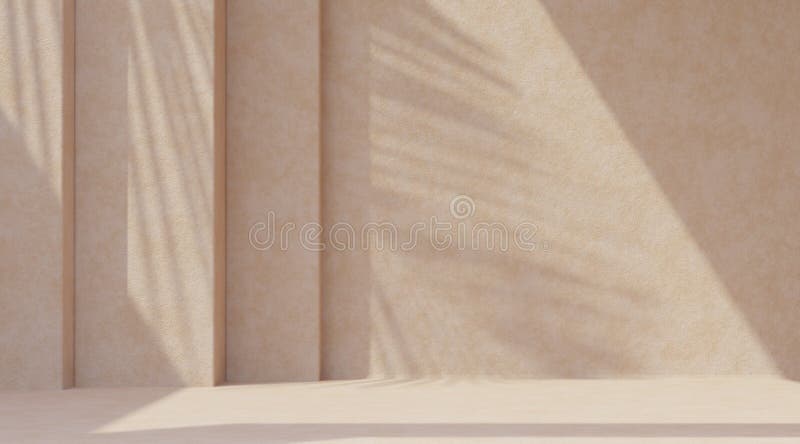 Minimale achtergrond voor productplaatsing met palmschaduw op beige gipswand. luxe zomerarchitectuur inwendig esthetisch. boho