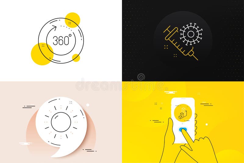 Minimale Sonnenenergie und 360 Grad Line Icons. für die Webentwicklung. Vektor stock abbildung