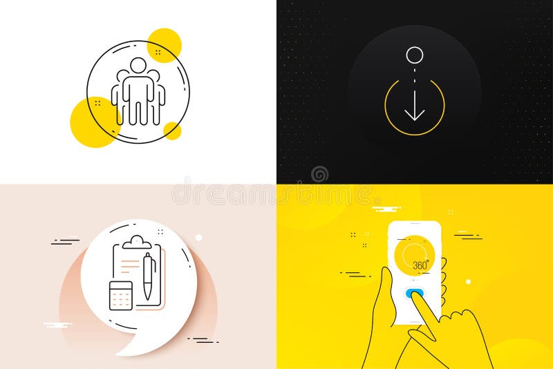 Minimaler Satz von Bildlauf nach unten und 360 Grad-Linien-Icons. für die Webentwicklung. Vektor stock abbildung