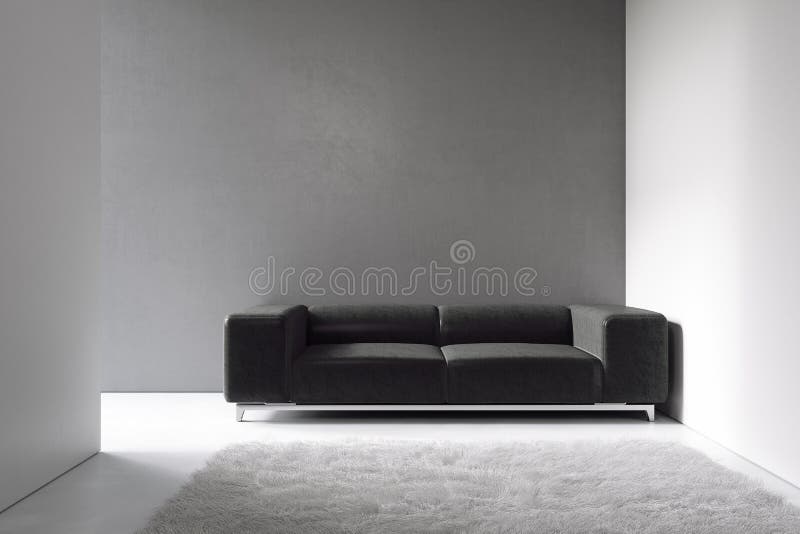 Minimalism Interior with Gray Wall, Black Sofa and Decor. Stock