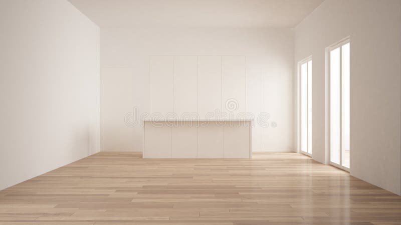 Minimalism som är modern tömmer rum med vit dolt kök med, vit och träinredesignen för ön, för golvet för parkett arkivbild