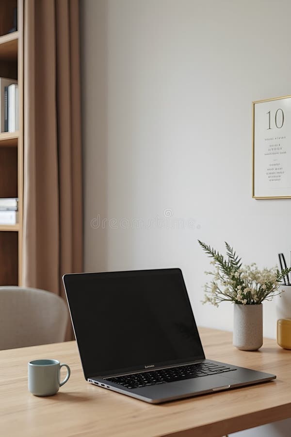 Minimalism. Svart bärbar dator på bordet och en kopp kaffe. Svart bärbar dator som är öppen på ett lätt träbord tillsammans med en liten blå kaffemugga. En vas med vita blommor dekorerar tabellen. Bakgrunden har en rambild med minimal design på en neutral vägg. En beigefridå täcker delvis en bokhylla. Inställningen förkroppsligar ett rent modernt estetiskt ideal för fokuserat arbete eller studier.