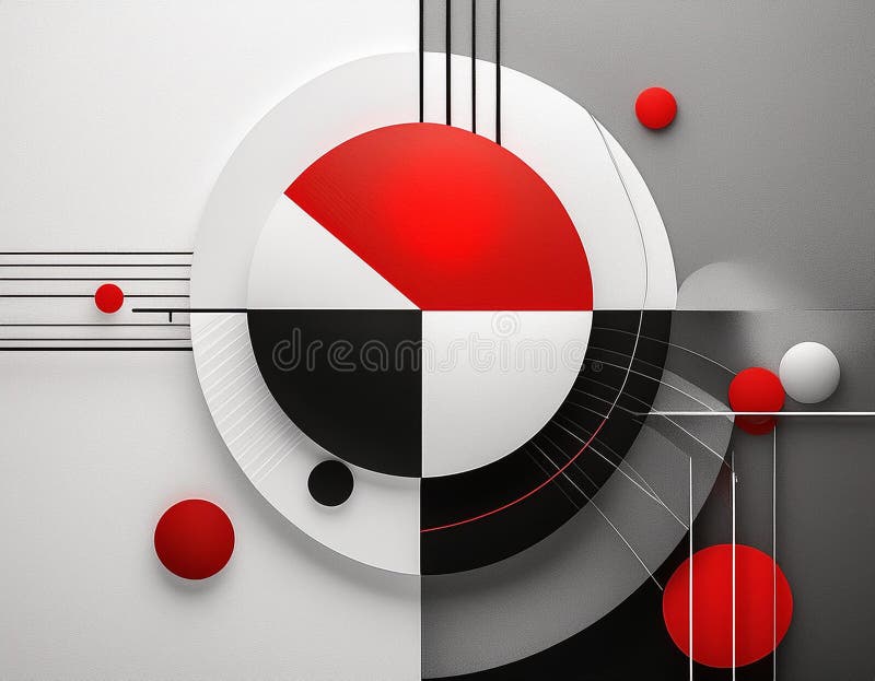 Minimalist, abstract artwork with a simple color palette of black, white and red circles stock illustration
