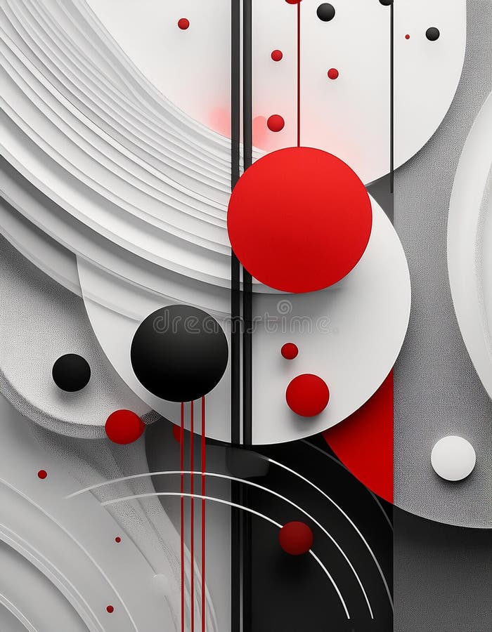 Minimalist, abstract artwork with a simple color palette of black, white and red circles stock illustration