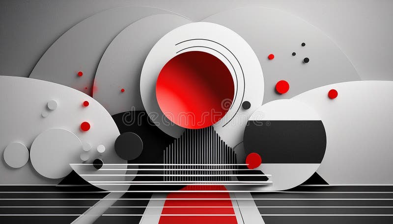 Minimalist, abstract artwork with a simple color palette of black, white and red circles royalty free illustration
