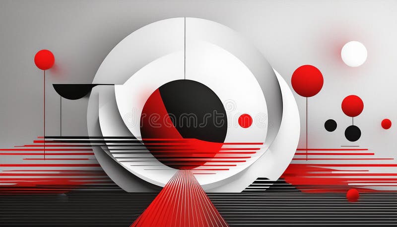 Minimalist, abstract artwork with a simple color palette of black, white and red circles royalty free illustration