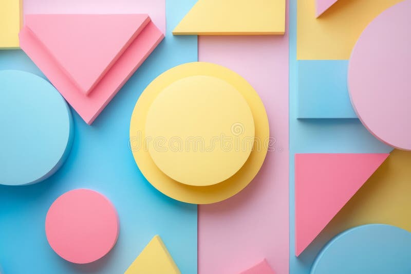 Minimalist abstract background featuring pastel-colored geometric shapes and a round yellow podium royalty free illustration