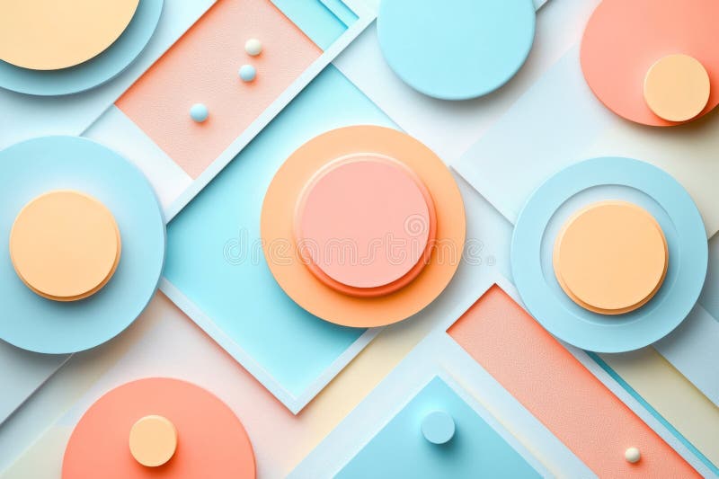 Minimalist abstract background featuring pastel-colored geometric shapes and a round yellow podium vector illustration