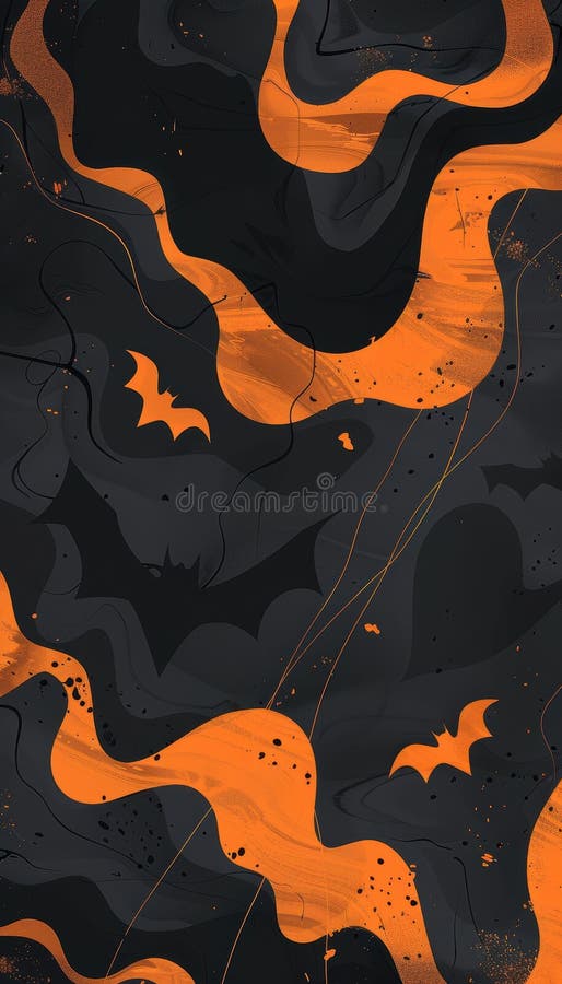 Modern Abstract Halloween Design Featuring Black and Orange Patterns with Ghostly Bat Shapes for Posters stock photo