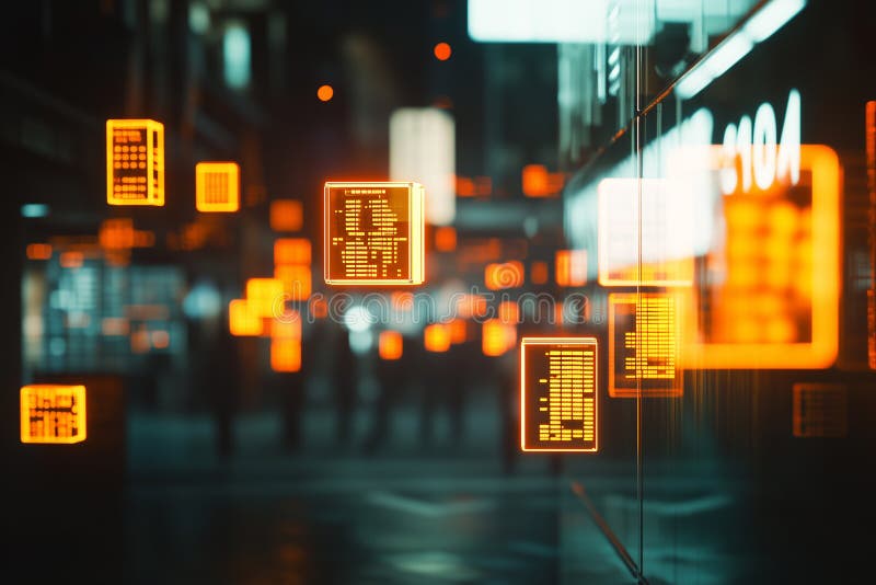 Minimalist abstract representation of stock market data in an urban setting with glowing elements at night stock photos