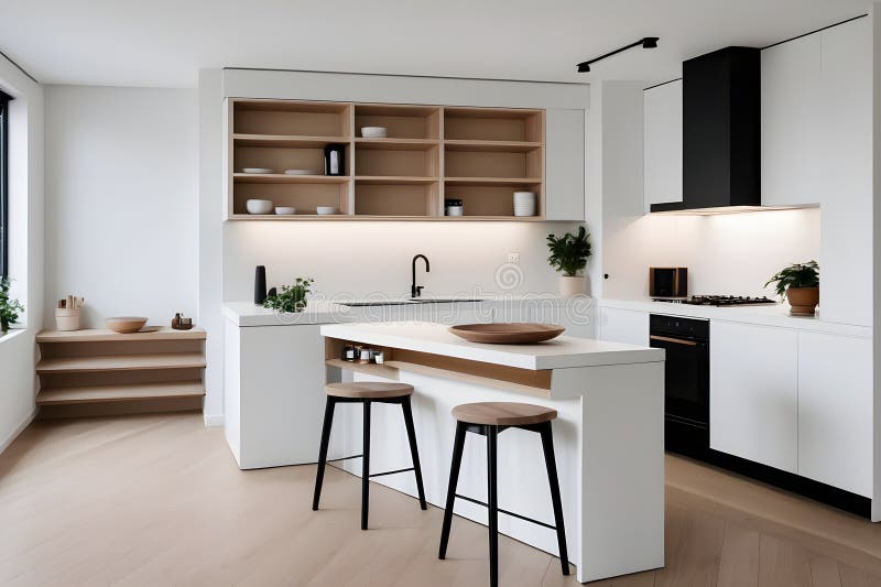 Minimalist Apartment kitchen bench. Generative ai stock illustration