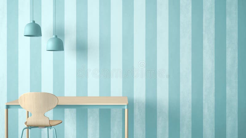 Minimalist Architect Designer Concept, Table Desk and Chair, Kitchen or  Office with Lamps on Striped Wallpaper Background, Blue Pa Stock  Illustration - Illustration of empty, dining: 118312651