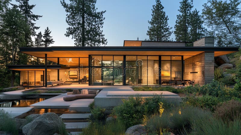 Minimalist architecture with expansive windows, open spaces..