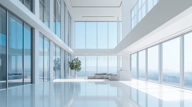 Minimalist architecture with expansive windows, open spaces..