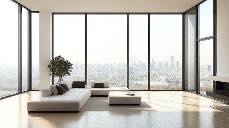 Minimalist architecture with expansive windows, open spaces..