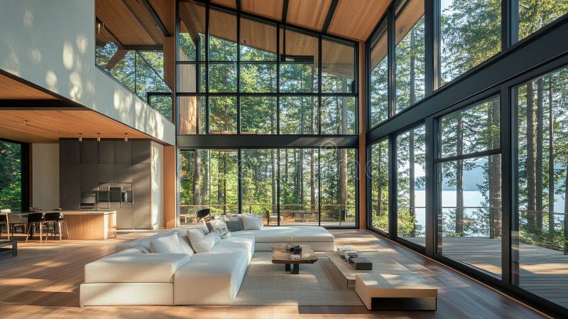Minimalist architecture with expansive windows, open spaces..