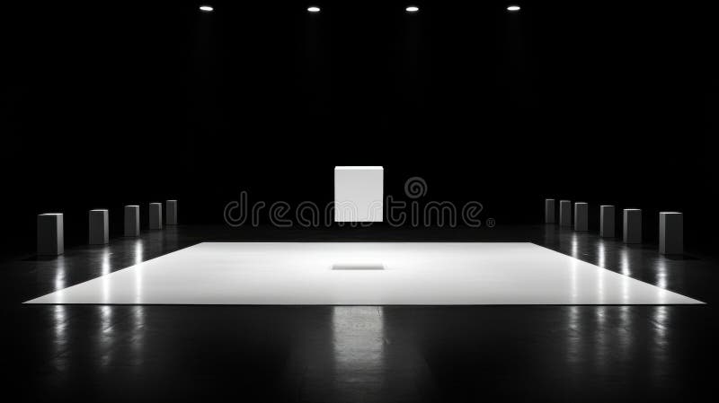 The image depicts a minimalist stage set against a black background. The stage is illuminated by a single spotlight, casting a bright white light that highlights the stark contrast between the light and dark surfaces. The stage floor is a reflective surface, mirroring the light and creating a sense of depth. On the right side of the stage, a white rectangular object stands out, possibly a piece of art or a prop. On the left side, a series of small, white, rectangular objects are arranged in a row, possibly serving as part of the stage design. The overall composition of the image is simple and elegant, with the black background and white objects providing a strong visual contrast. Mirroring object stock images, royalty-free photos and pictures