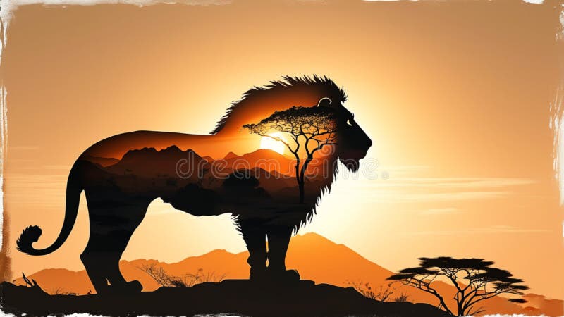 A minimalist artwork of a sleek lion silhouette seamlessly integrated with a serene landscape royalty free stock photo