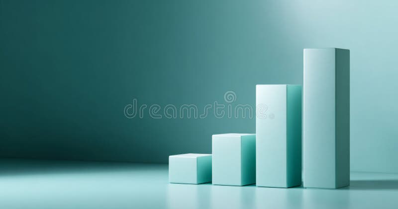 Minimalist ascending bar chart with four light blue rectangular blocks on a smooth teal background representing growth and stock photography