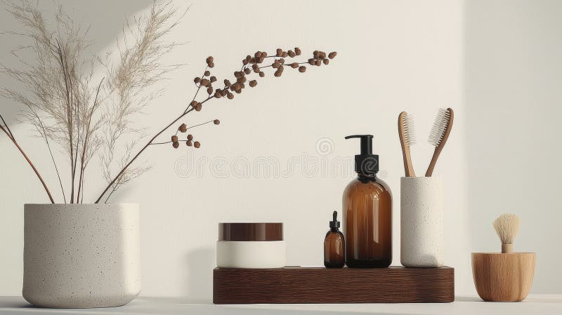 Minimalist bathroom essentials with wooden and ceramic elements royalty free stock photo