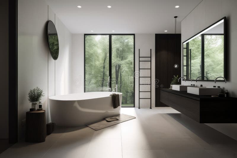 Minimalist Bathroom, with Sleek Fixtures and Natural Light Stock