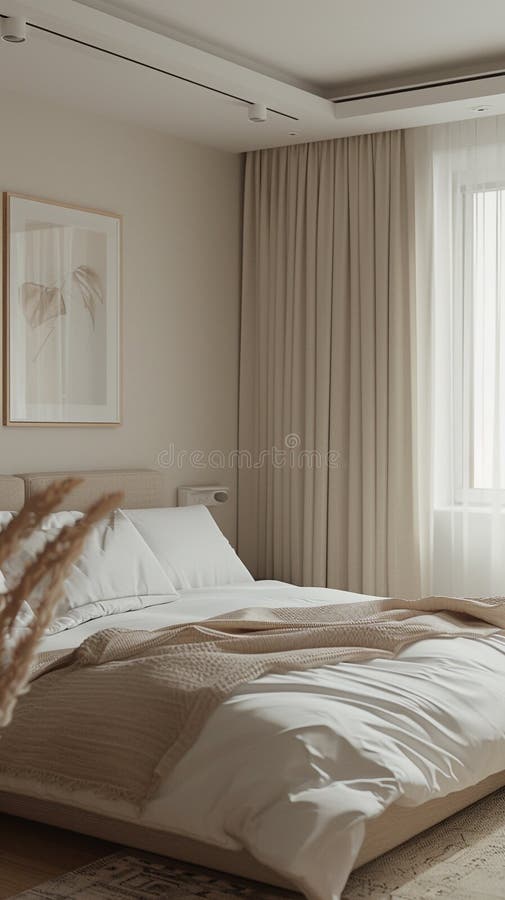 Minimalist Bedroom with Cozy Bed and Soft Color Palette Stock